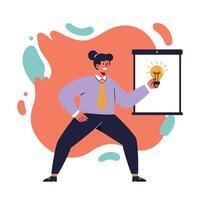 Businessman presenting innovative idea with light bulb on flip chart in colorful abstract background vector