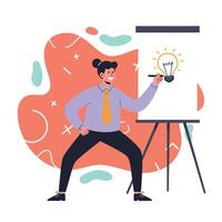 Businessman presenting creative light bulb idea on flip chart in modern office setting for innovation vector