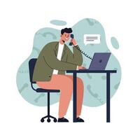 Young man talking on corded phone while working on laptop in modern office setting digital illustration vector