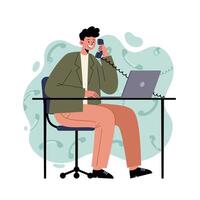 Man using desk phone and laptop in modern office setting with abstract green background vector