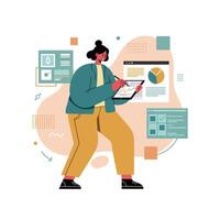 Woman analyzing data charts and graphs on digital tablet in business analytics setting with modern flat design vector