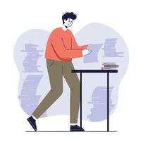 Young man organizing paperwork standing at tall table with large paper stacks and books indoors natural colors vector