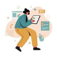 Young woman analyzing data on digital tablet with charts and speech bubbles in modern workspace environment vector