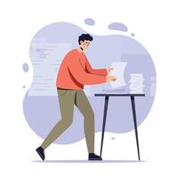 Man organizing paperwork on table in casual clothing in indoor workspace environment vector