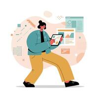 Woman using digital tablet with charts and data analytics in casual clothing and modern workspace environment vector