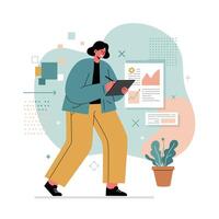 Woman holding digital tablet analyzing business charts and data visualization in casual outfit indoors vector
