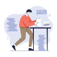 Man standing and working with papers at a desk surrounded by stacks of documents in office environment vector