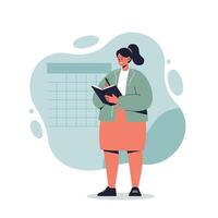 Woman writing in notebook standing near calendar planning schedule and tasks illustration vector