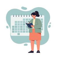 Woman planning schedule with calendar and notebook for effective time management and organization in daily life vector