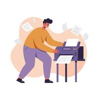 Man Using Printer with Papers Flying Around Busy Office Environment Illustration vector