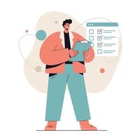 Man with clipboard checking off tasks on to-do list in casual outfit standing confidently vector