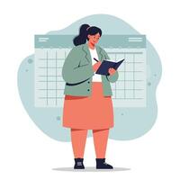 Woman standing reading book in front of calendar planning schedule and organizing daily tasks with focus and concentration vector