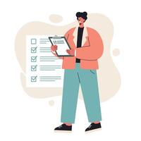 Young person standing with clipboard checking off tasks on large checklist in minimal style vector