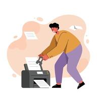 Person using office printer with papers flying around in casual workspace environment vector