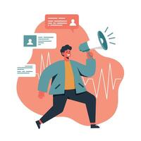 Man using megaphone for communication and social interaction in digital conversation environment vector