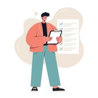 Young man holding clipboard with checklist in casual outfit performing task with confidence and focus vector