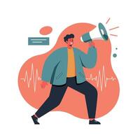 Person with megaphone announcing message with soundwaves and abstract background illustration vector