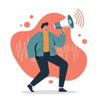 Man using megaphone spreading message with sound waves in orange background illustration vector