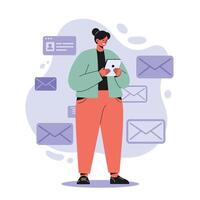 Woman using smartphone surrounded by email message icons in communication technology concept vector