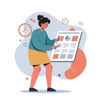 Woman managing time and productivity with infographic and clock elements in modern flat design vector
