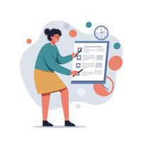 Woman completing checklist on large clipboard with clock in background in office setting vector