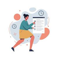 Woman running with checklist and clocks symbolizing time management and productivity in daily tasks vector