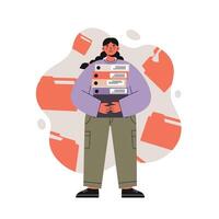Woman holding stack of files in casual outfit surrounded by floating folders in illustration style vector