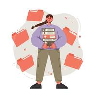 Woman carrying stack of folders and documents with multiple red folders floating around in background digital illustration vector