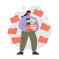 Woman carrying stack of office binders with floating folders around in conceptual work organization scene vector