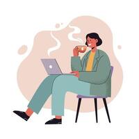 Person enjoying hot beverage while working on laptop in casual indoor setting with steam rising from cup vector