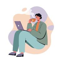 Person working on laptop while drinking hot coffee in casual outfit indoors with abstract background vector