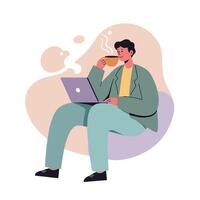 Man enjoying hot coffee while working on laptop in casual seated posture with modern minimal background vector