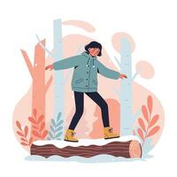 Person balancing on log outdoors in autumn forest scene with colorful trees and leaves natural setting vector