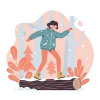 Child walking on tree log in winter forest with orange foliage and snowflakes in flat style illustration vector