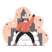 Child in winter clothes playing in snow with castle background cheerful and festive scene vector