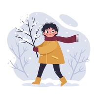 Child dressed in yellow jacket holding snowy branch in winter landscape with bare trees and boots vector