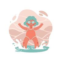 Toddler girl with blue hair splashing water in playful summer scene with abstract background and joyful expression vector