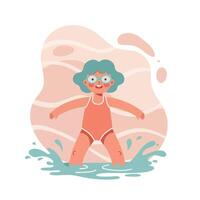 Child with swimming goggles and swimsuit splashing water in playful summer activity for kids vector