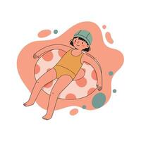 Child floating in colorful swim ring with swim cap in playful summer water illustration vector