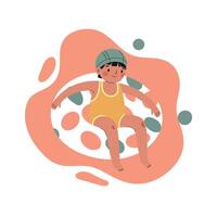 Child floating in swimming ring wearing cap and yellow swimsuit in abstract water shapes illustration vector