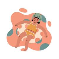 Child floating on inflatable swim ring in playful summer water scene with orange and green shapes vector
