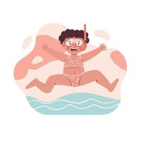 Child wearing snorkel mask and swimwear jumping into water with surprised expression in summer fun activity vector