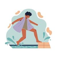 Child jumping into water splash pool with joyful expression and playful mood in summer outdoor activity vector