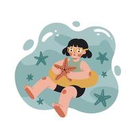 Child holding starfish with float ring in water surrounded by starfish illustration vector