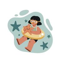 Child with starfish and swim ring enjoying underwater exploration in cartoon style illustration vector