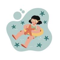 Child floating in water with starfish and swim ring in playful summer scene with teal background vector