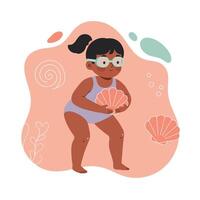 Child playing with seashells on beach summer day in colorful swimwear and glasses cheerful scene vector