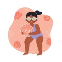 Child wearing goggles holding seashell on peach background with shell patterns illustration digital art vector