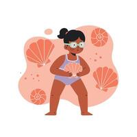 Young girl wearing glasses holding seashells in summer beach setting with coral background and ocean shells vector
