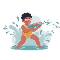 Boy in yellow swimsuit playing with water gun splashing water in playful summer fun activity vector